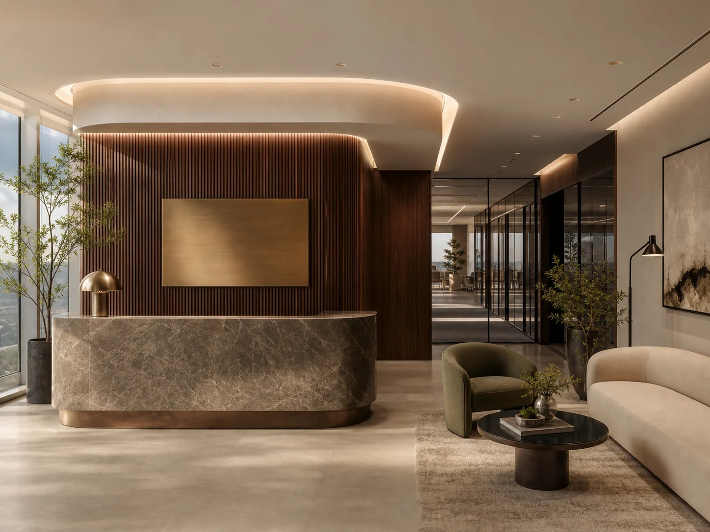 Luxury office reception design in Noida with marble desk and walnut wall