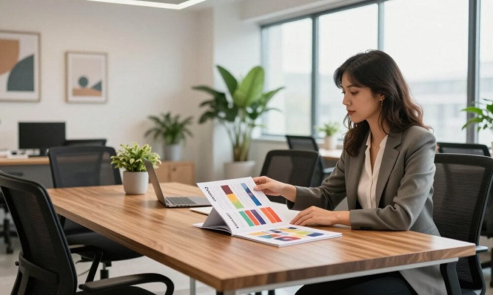 A modern, inviting office space designed for a consultation setting, featuring a sleek wooden table surrounded by stylish ergonomic chairs. In the foreground, a professional interior designer in smart business attire gestures towards a stylish brochure with vibrant design concepts. The middle ground showcases a visually appealing office setup with green plants and elegant wall art, creating a warm and creative atmosphere. The background includes large windows allowing natural light to flood in, adding softness to the scene. The lighting is bright yet gentle, suggesting a productive environment. Throughout, convey a sense of professionalism and creativity, emphasizing the brand "Decoratr" in the context of transforming office interiors.