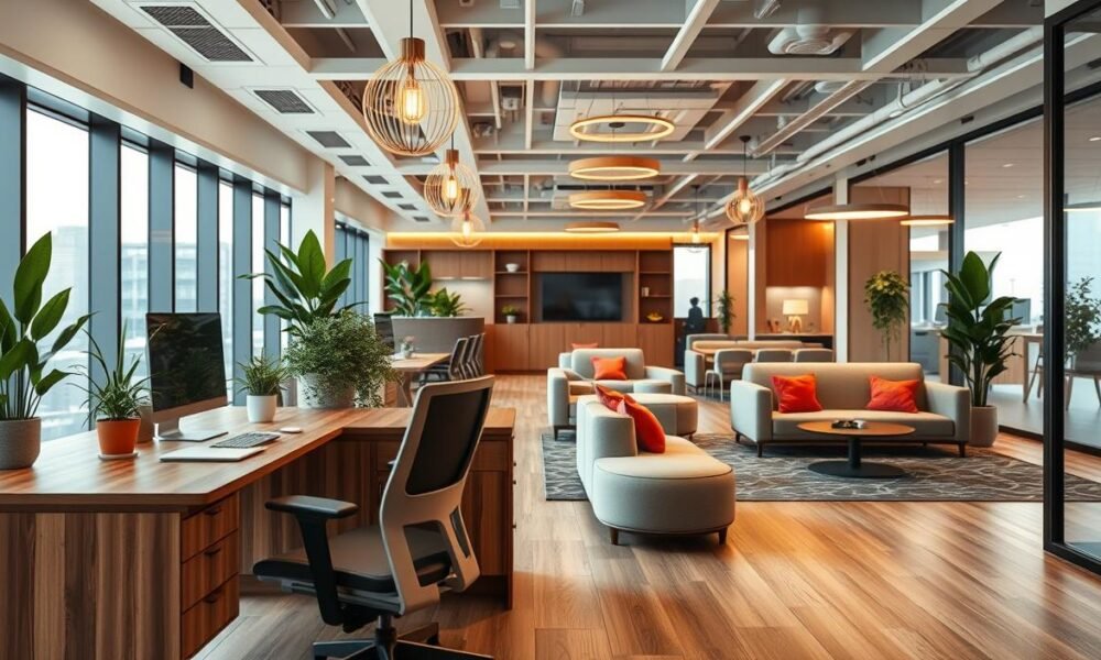 A modern office interior design showcasing a stylish workspace by "Decoratr". In the foreground, a sleek wooden desk with an ergonomic chair, adorned with green plants and decorative items. The middle layer features an open-plan layout with collaborative spaces, including a cozy lounge area with contemporary sofas and vibrant cushions. Elegant light fixtures hang from the ceiling, casting warm, inviting light across the room. The background reveals large windows with views of Noida’s skyline, allowing natural light to flood the space. The overall atmosphere is professional yet inviting, blending functionality with aesthetic appeal, ideal for creative teamwork and productivity. Use a soft focus lens to enhance the warm ambience, capturing the essence of modern office interior design.