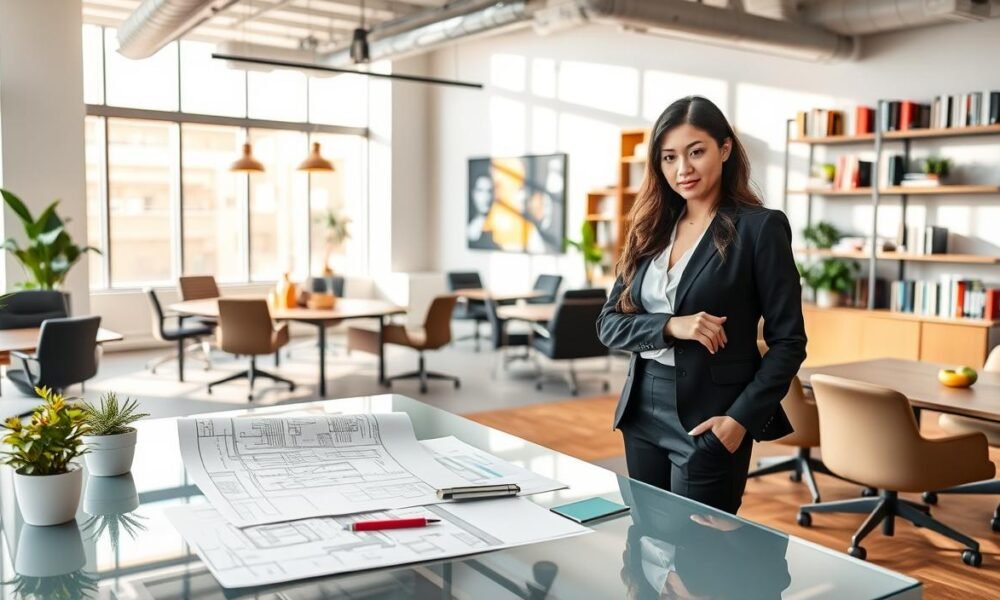 An office interior designer in Noida, depicted as a professional woman in smart business attire, standing confidently in a well-lit modern office space. In the foreground, she is reviewing architectural plans on a sleek glass desk, surrounded by stylish office furniture and plants for a fresh touch. The middle background features a collaborative workspace, complete with ergonomic chairs and dynamic decor elements reflecting contemporary design trends. The walls are adorned with inspiring artwork and shelves filled with design books. Natural light streams in through large windows, creating a warm and inviting atmosphere. The overall mood is professional yet creative, showcasing the elegance and functionality of a well-designed office environment by Decoratr.