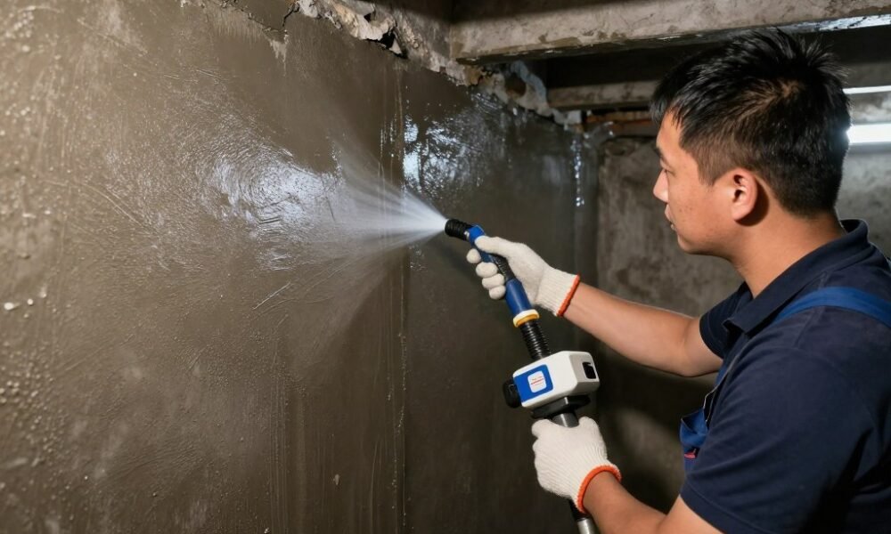 Basement waterproofing service showing application of waterproof coating