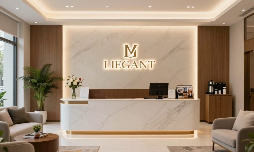 Elegant real estate office reception area with branded wall and comfortable seating