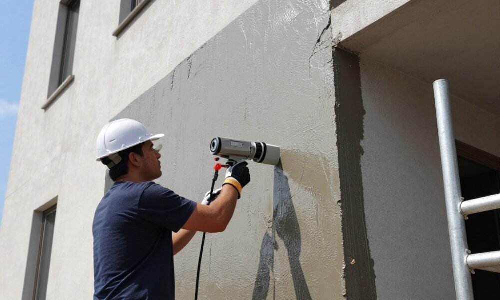 Exterior wall waterproofing service being performed on building