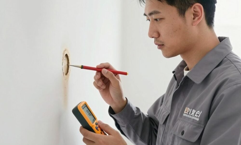Inspection phase of waterproofing service showing technician examining surface
