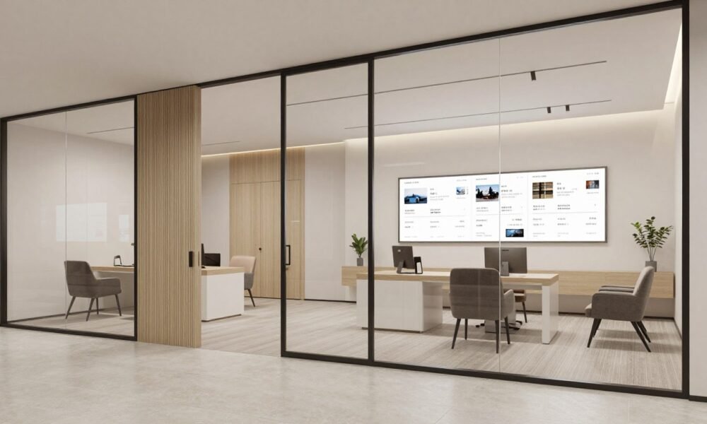 Modern real estate office with clean lines and professional atmosphere