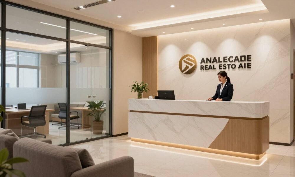 Modern real estate office with reception area showcasing professional interior design