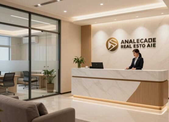 Modern real estate office with reception area showcasing professional interior design