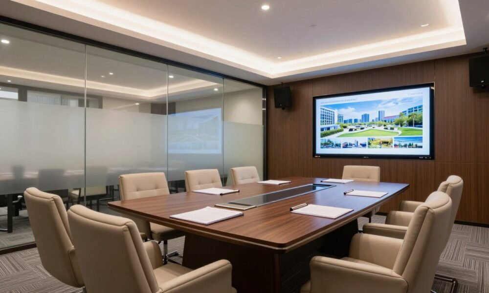 Professional real estate office meeting room with presentation technology