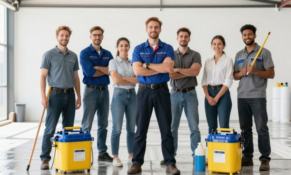 Professional waterproofing team with equipment and tools