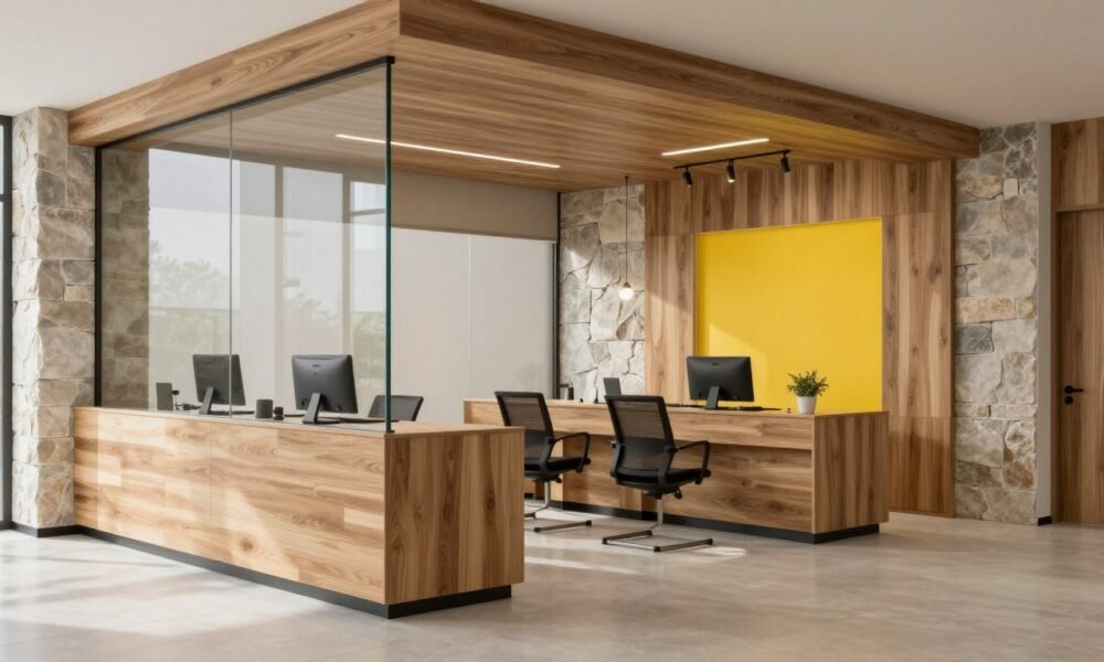 Real estate office interior showcasing material and color palette