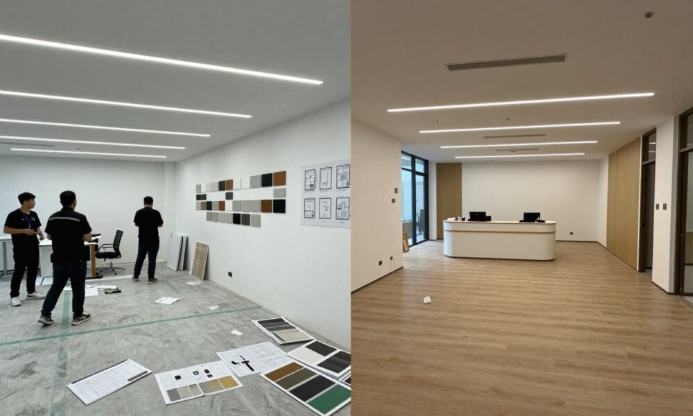 Real estate office renovation in progress showing before and after transformation