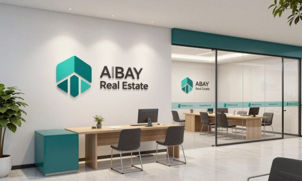 Real estate office with integrated brand elements throughout the space