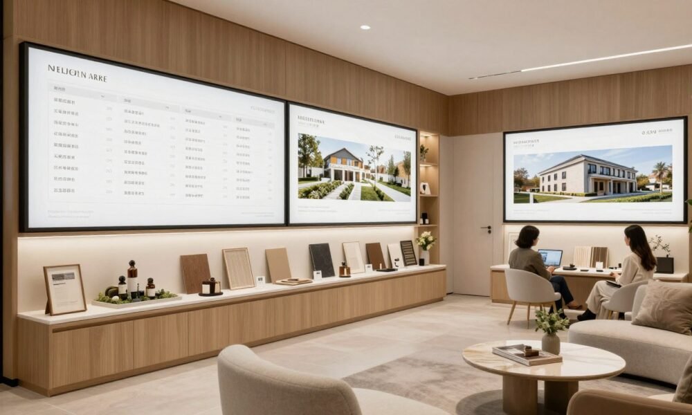 Real estate office with modern property display area featuring digital screens