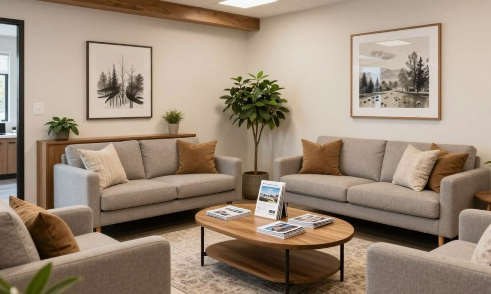 Residential-style real estate office with comfortable seating and homey touches