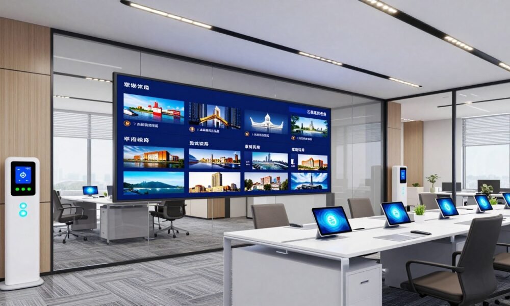 Technology-focused real estate office with digital displays and smart features