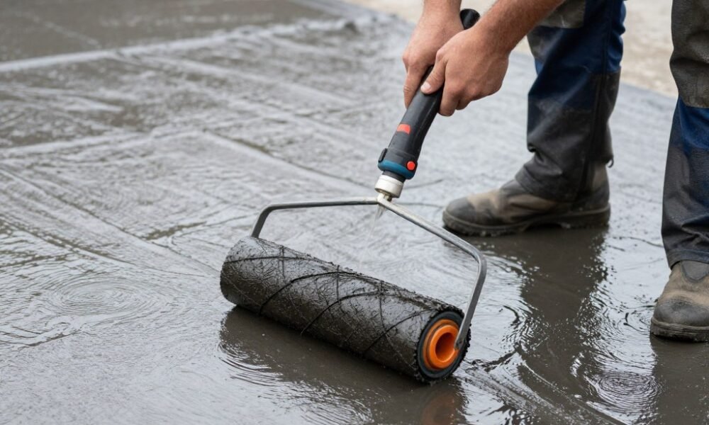 Waterproofing application phase showing coating being applied