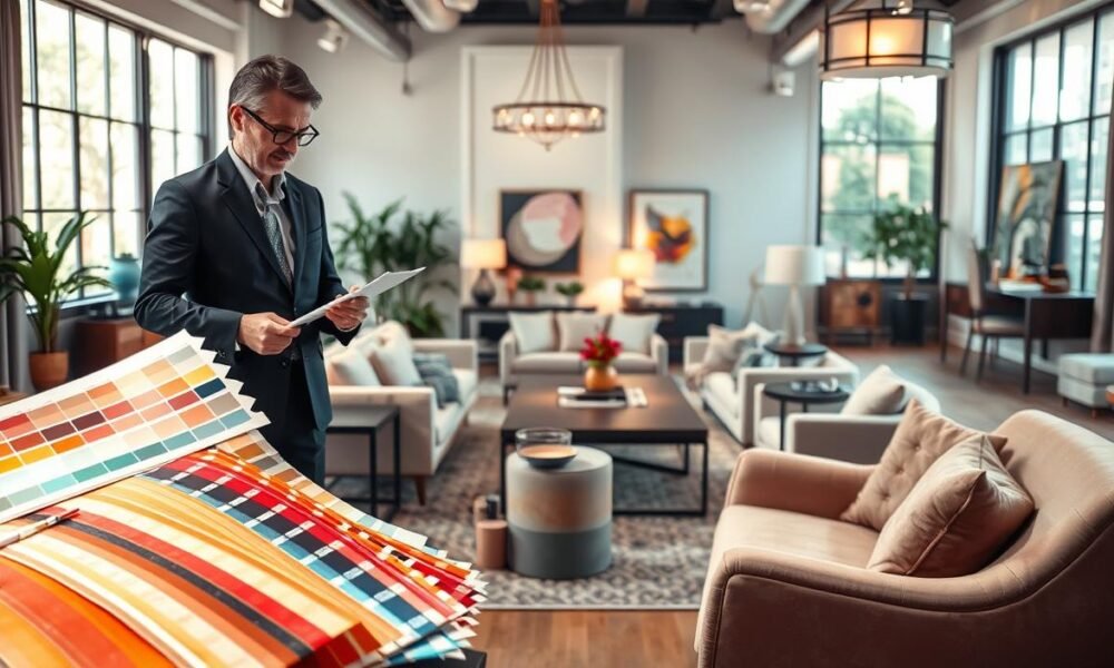 a sophisticated interior design workspace showcasing comprehensive design services by "Decoratr". In the foreground, a professional designer dressed in business attire interacts with a client, surrounded by vibrant fabric swatches and color palettes. The middle section features a beautifully arranged room showcasing blend of modern and classic decor styles, including plush furniture, stylish lighting fixtures, and elegant artwork on the walls. The background reveals large windows allowing natural light to illuminate the space, enhancing the warm and inviting atmosphere. The setting is well-organized and conveys a sense of creativity and professionalism, with a soft focus on the designer and client collaboration. The overall mood should reflect innovation and sophistication, highlighting the essence of top-notch interior design services.