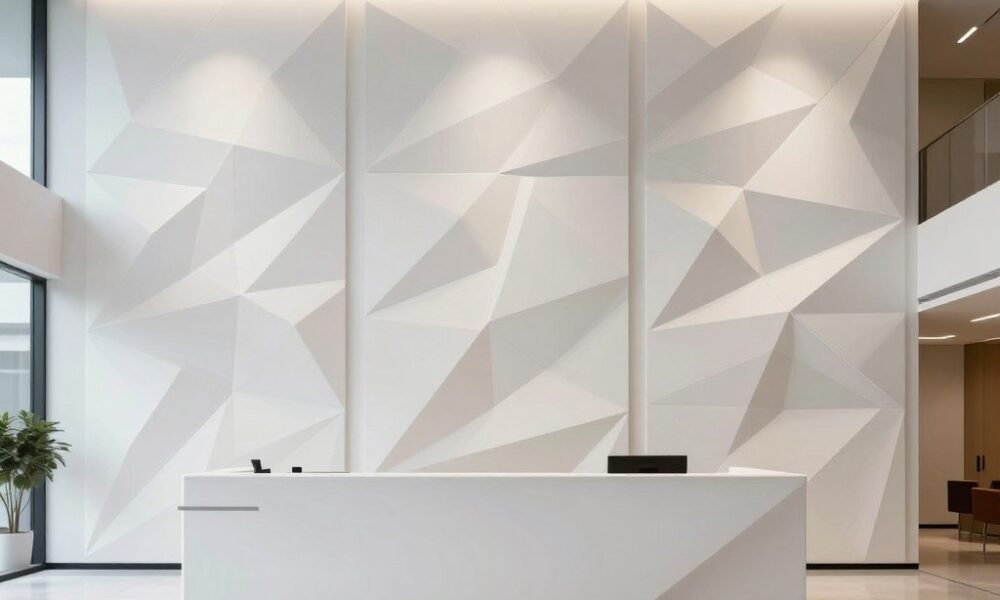 3D geometric wall panels creating visual interest in an office lobby