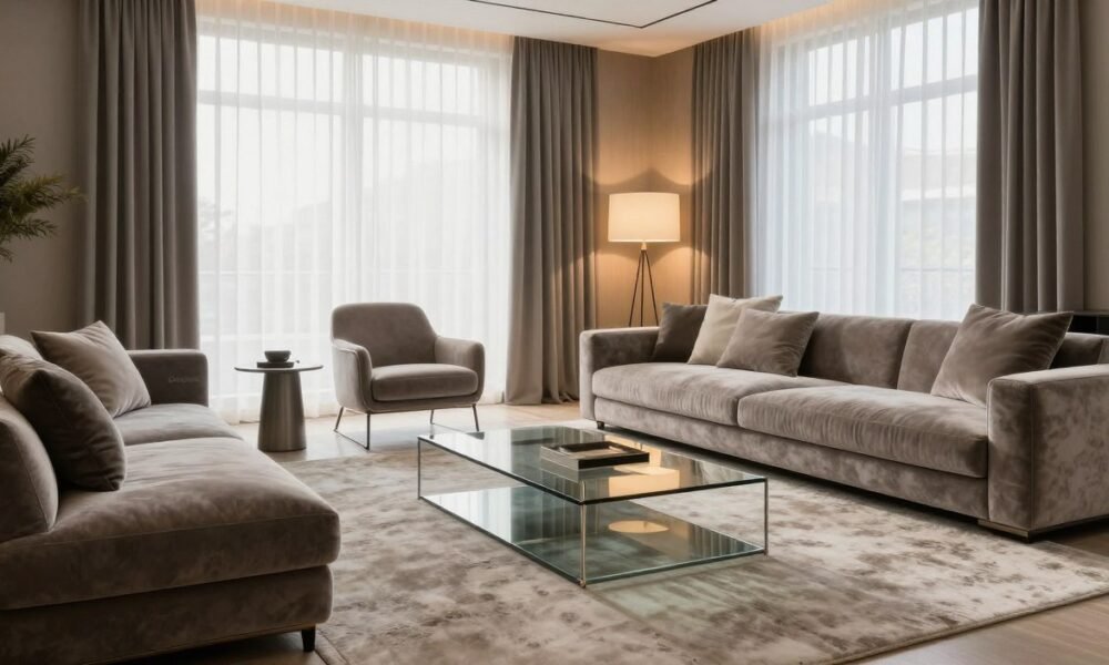 A beautifully designed contemporary room showcasing modern furniture selection for a luxurious look. In the foreground, a sleek, plush sofa in muted tones sprawls across a textured area rug, complemented by a minimalist coffee table made of glass and metal. In the middle ground, an elegant accent chair and a stylish floor lamp with a warm glow enhance the inviting atmosphere. The background features large windows draped with sheer curtains, allowing natural light to flood the space, highlighting the sophisticated decor. Use a wide-angle lens for a spacious feel, with soft, diffused lighting creating a calm, serene ambiance. The overall mood is modern elegance and comfort, embodying the essence of “Decoratr” in interior design.