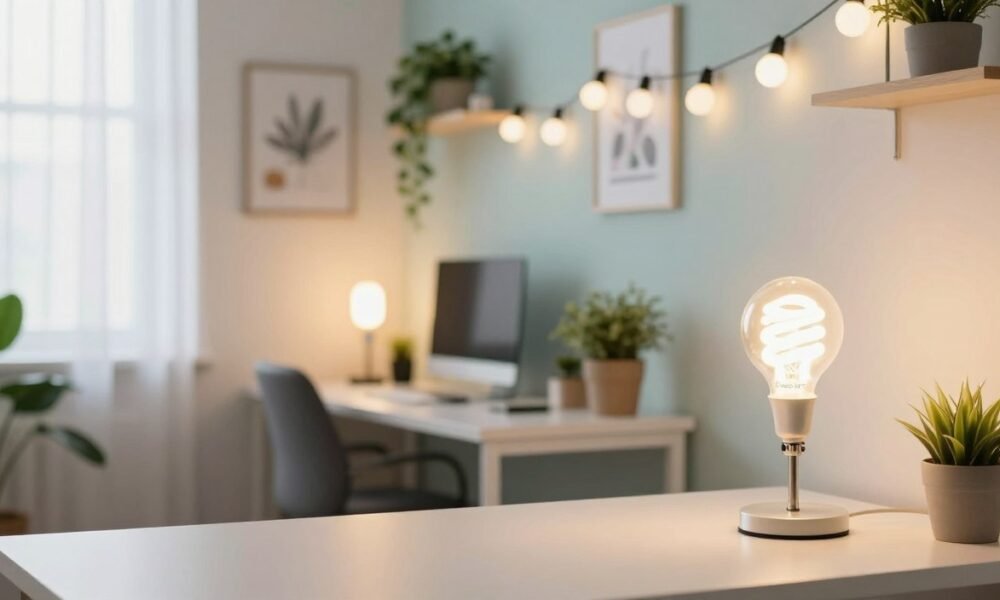 A bright, budget-friendly small office interior featuring low-cost lighting solutions. In the foreground, a stylish desk with a modern lamp using energy-efficient LED bulbs casts a warm glow. The middle layer showcases an organized workspace with potted plants for a touch of greenery, and wall-mounted, decorative string lights providing ambient illumination. Background elements include a painted accent wall with inspiring artwork and natural light streaming through a window with sheer curtains. The overall atmosphere is inviting and productive, promoting creativity and comfort. Capture the image with a soft focus, simulating lighting from a wide-angle lens, with a clean and polished aesthetic representing the brand "Decoratr". Aim for a cheerful, uplifting mood that reflects efficient office design on a budget. A bright, budget-friendly small office interior featuring low-cost lighting solutions. In the foreground, a stylish desk with a modern lamp using energy-efficient LED bulbs casts a warm glow. The middle layer showcases an organized workspace with potted plants for a touch of greenery, and wall-mounted, decorative string lights providing ambient illumination. Background elements include a painted accent wall with inspiring artwork and natural light streaming through a window with sheer curtains. The overall atmosphere is inviting and productive, promoting creativity and comfort. Capture the image with a soft focus, simulating lighting from a wide-angle lens, with a clean and polished aesthetic representing the brand "Decoratr". Aim for a cheerful, uplifting mood that reflects efficient office design on a budget.
