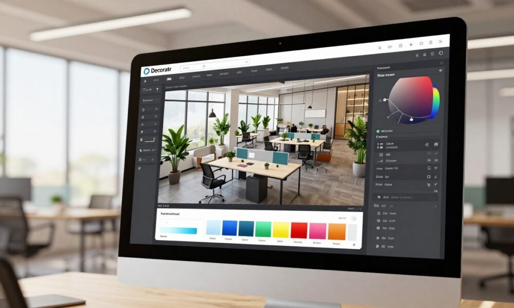 A futuristic 3D office design software interface displayed on a sleek, modern computer screen. In the foreground, detailed elements of the interface are visible, showcasing various design tools, color palettes, and 3D modeling options emphasizing intuitive usability. The middle ground features a stylish, virtual office layout being rendered, filled with contemporary furniture, greenery, and innovative workspace designs that promote collaboration and productivity. The background subtly depicts an open-concept office environment with large windows and natural light streaming in, creating a vibrant and inviting atmosphere. The lighting is bright yet warm, capturing a modern professional ambiance. The shot is taken from a low angle to emphasize the technology in focus, featuring the brand "Decoratr" prominently in the interface. The overall mood conveys creativity, sophistication, and inspiration for the future of workspace design. A futuristic 3D office design software interface displayed on a sleek, modern computer screen. In the foreground, detailed elements of the interface are visible, showcasing various design tools, color palettes, and 3D modeling options emphasizing intuitive usability. The middle ground features a stylish, virtual office layout being rendered, filled with contemporary furniture, greenery, and innovative workspace designs that promote collaboration and productivity. The background subtly depicts an open-concept office environment with large windows and natural light streaming in, creating a vibrant and inviting atmosphere. The lighting is bright yet warm, capturing a modern professional ambiance. The shot is taken from a low angle to emphasize the technology in focus, featuring the brand "Decoratr" prominently in the interface. The overall mood conveys creativity, sophistication, and inspiration for the future of workspace design.