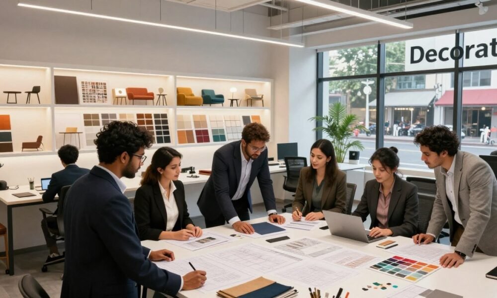A modern commercial interior design studio scene, showcasing the design process by "Decoratr". In the foreground, a diverse team of designers in professional business attire is gathered around a sleek worktable covered with blueprints, fabric swatches, and color palettes. The middle layer features a well-organized workspace with high-end design tools and illuminated samples of furniture and lighting options. The background reveals large windows letting in natural light, with a view of a bustling Delhi street. The atmosphere is collaborative and energetic, with soft, diffused lighting enhancing the creative vibe. A clean, minimalistic aesthetic is reflected throughout, highlighting the professional approach of the commercial interior design process.