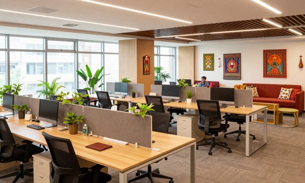 A modern corporate interior design showcasing a vibrant Indian workplace by Decoratr. The foreground features an open plan office with ergonomic furniture, sleek desks, and green indoor plants that add a touch of nature. In the middle ground, natural light floods through large windows, illuminating collaborative spaces with diverse workstations and comfortable lounge areas. The background reveals decorative elements inspired by Indian culture, like wall art and textiles, harmonizing with contemporary architecture. The lighting is bright and inviting, creating a warm atmosphere. Capture this scene from a slightly elevated angle, emphasizing the spaciousness and functionality of the layout, promoting a creative and productive environment. A modern corporate interior design showcasing a vibrant Indian workplace by Decoratr. The foreground features an open plan office with ergonomic furniture, sleek desks, and green indoor plants that add a touch of nature. In the middle ground, natural light floods through large windows, illuminating collaborative spaces with diverse workstations and comfortable lounge areas. The background reveals decorative elements inspired by Indian culture, like wall art and textiles, harmonizing with contemporary architecture. The lighting is bright and inviting, creating a warm atmosphere. Capture this scene from a slightly elevated angle, emphasizing the spaciousness and functionality of the layout, promoting a creative and productive environment.