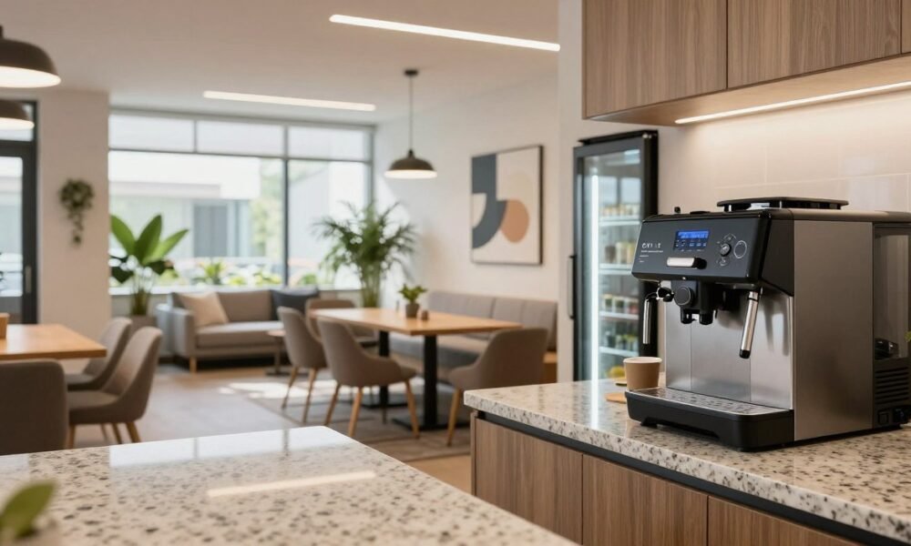 A modern corporate pantry designed for a welcoming break area, featuring sleek and stylish appliances by Decoratr. The foreground showcases a polished granite countertop with a high-tech coffee machine and a glass-fronted refrigerator. In the middle, a cozy seating area with minimalist furniture, including comfortable chairs and a communal table, invites relaxation. The background reveals large windows allowing natural light to flood the space, highlighting potted plants and modern art on the walls. The warm, inviting atmosphere is enhanced by soft LED lighting. Shot from a low angle, this image brings an inspiring, trendy vibe, appealing to professionals seeking a collaborative and rejuvenating workspace.