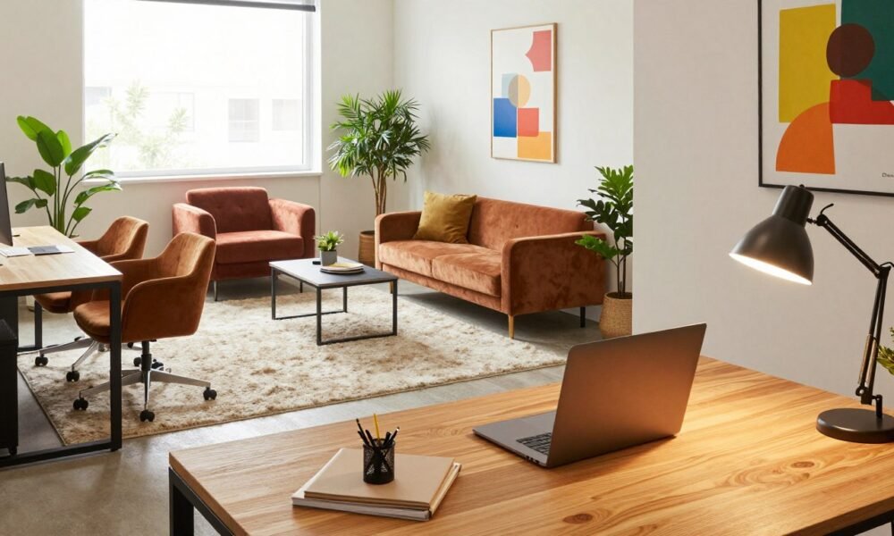 A modern office cabin designed by "Decoratr", showcasing a vibrant workspace that fosters creativity and collaboration. In the foreground, a sleek wooden desk is organized with elegant stationery and a laptop, illuminated by a stylish desk lamp. In the middle ground, comfortable velvet chairs and a plush rug create a welcoming seating area, complemented by potted plants that add a touch of nature. The background features a large window with natural light flowing in, enhancing a bright atmosphere, and artwork on the walls reflecting the company’s branding colors. The overall mood is professional yet inviting, with warm tones and contemporary decor elements that reinforce a culture of innovation. The camera angle is slightly elevated, providing a comprehensive view of the cabin’s design. A modern office cabin designed by "Decoratr", showcasing a vibrant workspace that fosters creativity and collaboration. In the foreground, a sleek wooden desk is organized with elegant stationery and a laptop, illuminated by a stylish desk lamp. In the middle ground, comfortable velvet chairs and a plush rug create a welcoming seating area, complemented by potted plants that add a touch of nature. The background features a large window with natural light flowing in, enhancing a bright atmosphere, and artwork on the walls reflecting the company’s branding colors. The overall mood is professional yet inviting, with warm tones and contemporary decor elements that reinforce a culture of innovation. The camera angle is slightly elevated, providing a comprehensive view of the cabin’s design.