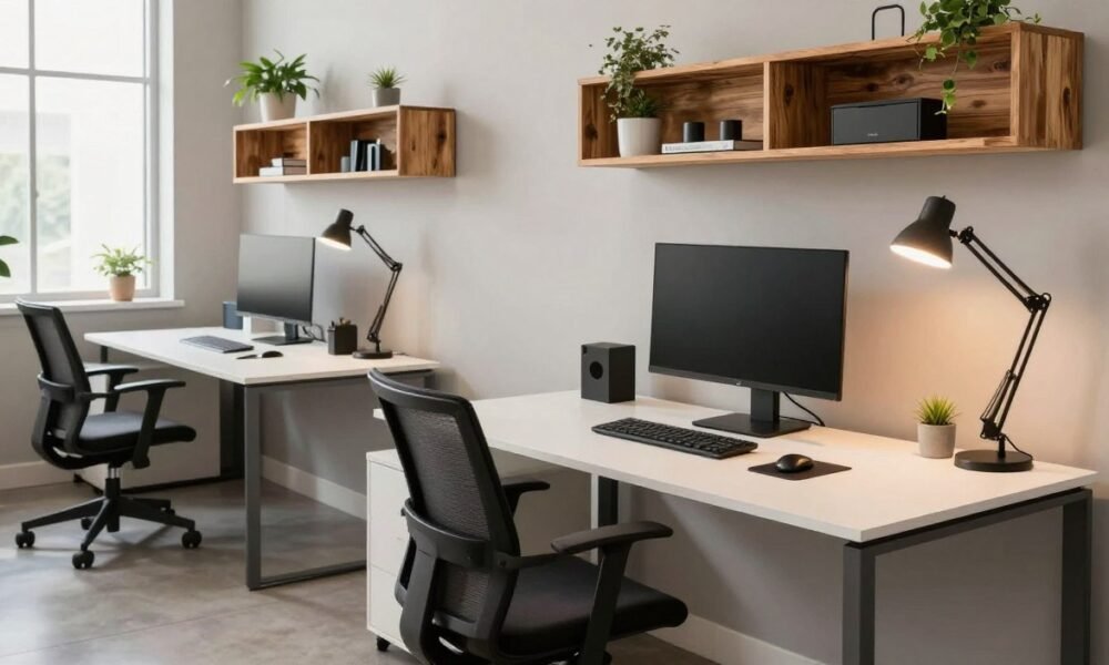 A modern small office workspace showcasing cost-effective technology improvements. In the foreground, a sleek, minimalist desk with a stylish ergonomic chair, outfitted with a dual-monitor setup and energy-efficient LED desk lamp. Middle ground features modular shelving units made from reclaimed wood, displaying plants and tech gadgets to enhance productivity. The background showcases a large window with natural light flooding in, illuminating the space and emphasizing a bright, welcoming atmosphere. The walls are painted in soft neutral tones, enhancing the feeling of spaciousness. The overall mood is professional yet inviting, reflecting modern efficiency and creativity. The logo "Decoratr" is subtly incorporated into the design elements, reinforcing the focus on innovative yet budget-friendly office solutions. A modern small office workspace showcasing cost-effective technology improvements. In the foreground, a sleek, minimalist desk with a stylish ergonomic chair, outfitted with a dual-monitor setup and energy-efficient LED desk lamp. Middle ground features modular shelving units made from reclaimed wood, displaying plants and tech gadgets to enhance productivity. The background showcases a large window with natural light flooding in, illuminating the space and emphasizing a bright, welcoming atmosphere. The walls are painted in soft neutral tones, enhancing the feeling of spaciousness. The overall mood is professional yet inviting, reflecting modern efficiency and creativity. The logo "Decoratr" is subtly incorporated into the design elements, reinforcing the focus on innovative yet budget-friendly office solutions.