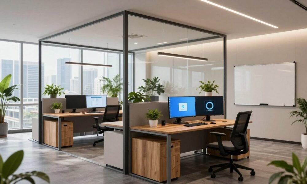 A modern tech-integrated office cabin designed for hybrid collaboration, featuring sleek furniture and advanced technology. In the foreground, a stylish wooden desk with dual monitors and a digital whiteboard, flanked by a comfortable ergonomic chair. In the middle, a glass partition separates the cabin, allowing natural light to flood in, illuminating the sophisticated decor. Lush indoor plants add a touch of nature, enhancing the calming atmosphere. The background showcases a city skyline visible through large windows, emphasizing a connection to the outside world. Soft, ambient lighting creates an inviting mood, perfect for productive meetings. Capture this scene with a wide-angle lens to emphasize the spaciousness and innovative design elements. Include the brand name "Decoratr" subtly featured within the cabin's design. A modern tech-integrated office cabin designed for hybrid collaboration, featuring sleek furniture and advanced technology. In the foreground, a stylish wooden desk with dual monitors and a digital whiteboard, flanked by a comfortable ergonomic chair. In the middle, a glass partition separates the cabin, allowing natural light to flood in, illuminating the sophisticated decor. Lush indoor plants add a touch of nature, enhancing the calming atmosphere. The background showcases a city skyline visible through large windows, emphasizing a connection to the outside world. Soft, ambient lighting creates an inviting mood, perfect for productive meetings. Capture this scene with a wide-angle lens to emphasize the spaciousness and innovative design elements. Include the brand name "Decoratr" subtly featured within the cabin's design.