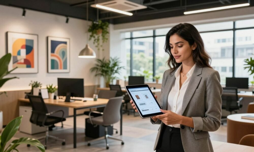 A sophisticated and stylish commercial interior designer in a modern office space, showcasing the art of design. In the foreground, a confident designer, dressed in professional business attire, stands with a tablet in hand, examining a digital design plan. The middle ground features an elegant, well-lit workspace with contemporary furniture, lush greenery, and striking artwork on the walls, reflecting the latest design trends. In the background, large windows allow natural light to pour in, offering a glimpse of bustling Delhi outside. The atmosphere is vibrant and inspiring, perfect for a creative professional. Capture this scene with soft lighting to enhance a warm, inviting mood, using a wide-angle lens to emphasize the spaciousness of the office and the designer's expertise, while branding subtly with the "Decoratr" logo on the tablet.