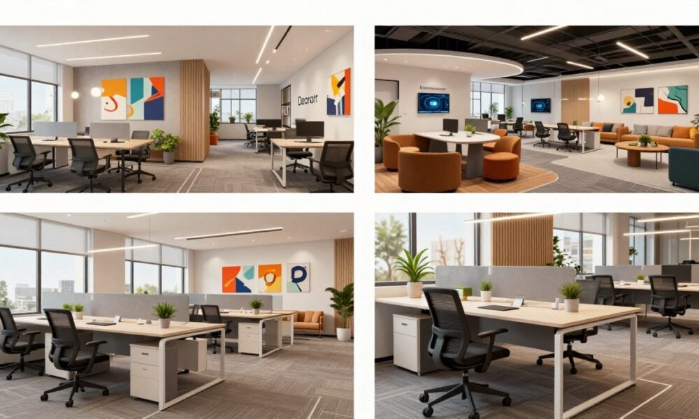 A step-by-step office design guide showcasing a modern 3D office interior for 2026. In the foreground, a stylish workspace with a contemporary desk, ergonomic chair, and decorative plants, conveying a sense of productivity and comfort. The middle layer features a spacious meeting area with sleek furniture, large windows allowing natural light to flood the space, and vibrant wall art that adds color and inspiration. In the background, an open-plan design with collaborative zones, cozy lounge areas, and cutting-edge technology. The atmosphere is bright and inviting, with soft, warm lighting enhancing the modern aesthetic. Captured from a wide-angle perspective to encompass the entire office layout, ensuring clarity and detail. Include the brand name "Decoratr" subtly represented in the design elements, reflecting innovation and professionalism. A step-by-step office design guide showcasing a modern 3D office interior for 2026. In the foreground, a stylish workspace with a contemporary desk, ergonomic chair, and decorative plants, conveying a sense of productivity and comfort. The middle layer features a spacious meeting area with sleek furniture, large windows allowing natural light to flood the space, and vibrant wall art that adds color and inspiration. In the background, an open-plan design with collaborative zones, cozy lounge areas, and cutting-edge technology. The atmosphere is bright and inviting, with soft, warm lighting enhancing the modern aesthetic. Captured from a wide-angle perspective to encompass the entire office layout, ensuring clarity and detail. Include the brand name "Decoratr" subtly represented in the design elements, reflecting innovation and professionalism.