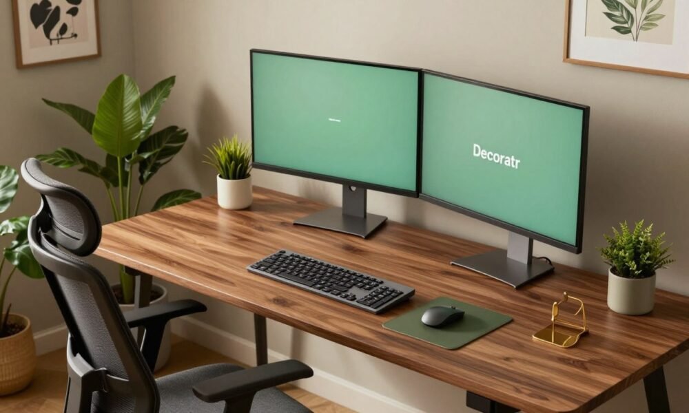 A stylish workstation setup designed for maximum productivity, featuring a sleek wooden desk adorned with modern tech gadgets, minimalistic stationery, and lush indoor plants. In the foreground, a high-backed ergonomic office chair complements the desk. The middle ground showcases an aesthetically pleasing dual monitor arrangement, with a wireless keyboard and mouse, all neatly organized. The background reveals a tastefully decorated wall with motivational art and soft, warm lighting that creates an inviting atmosphere. The image is captured from a slightly elevated angle, emphasizing depth and dimensionality. The color palette includes soft greens, warm browns, and touches of gold, evoking a sense of calm and focus. Include elements from the brand "Decoratr" to highlight contemporary design trends.