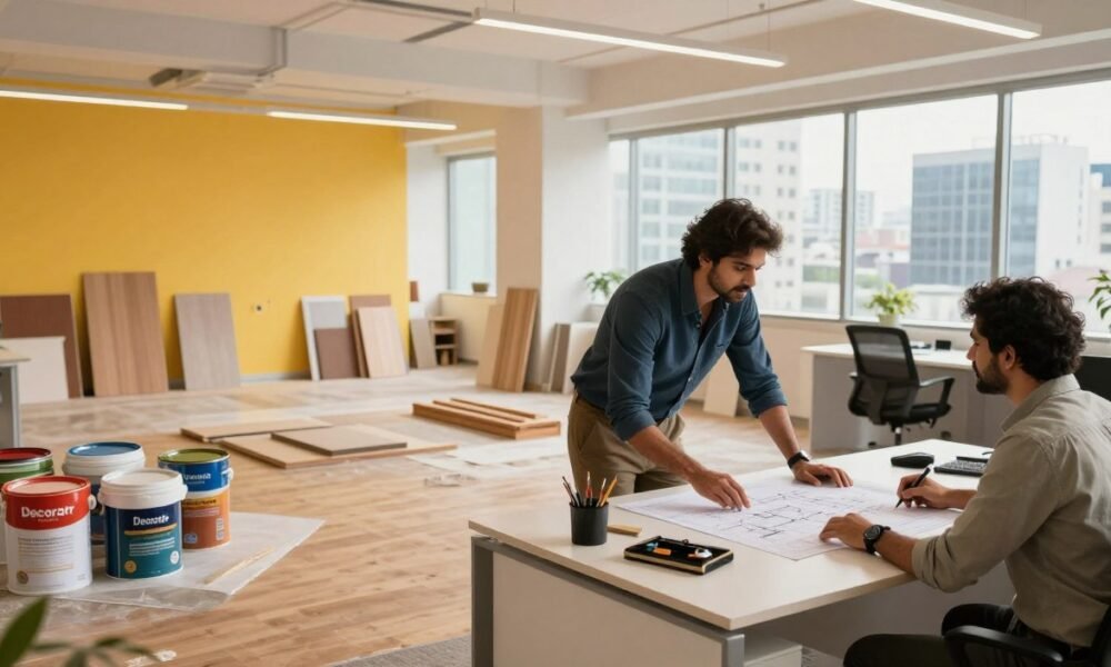 A visually appealing and organized office space undergoing renovation in India. Foreground features a professional designer in smart casual attire, examining blueprints and discussing ideas with a client at a sleek desk with modern tools. The middle ground displays construction materials like paint cans, wood, and furniture samples, alongside a partially transformed office with freshly painted walls and new flooring. The background reveals a bustling cityscape through large windows, indicating a commercial office environment. Soft, warm lighting enhances the inviting atmosphere, and a wide-angle view captures the innovative design elements. Include the brand name "Decoratr" subtly integrated into the workspace design. A visually appealing and organized office space undergoing renovation in India. Foreground features a professional designer in smart casual attire, examining blueprints and discussing ideas with a client at a sleek desk with modern tools. The middle ground displays construction materials like paint cans, wood, and furniture samples, alongside a partially transformed office with freshly painted walls and new flooring. The background reveals a bustling cityscape through large windows, indicating a commercial office environment. Soft, warm lighting enhances the inviting atmosphere, and a wide-angle view captures the innovative design elements. Include the brand name "Decoratr" subtly integrated into the workspace design.