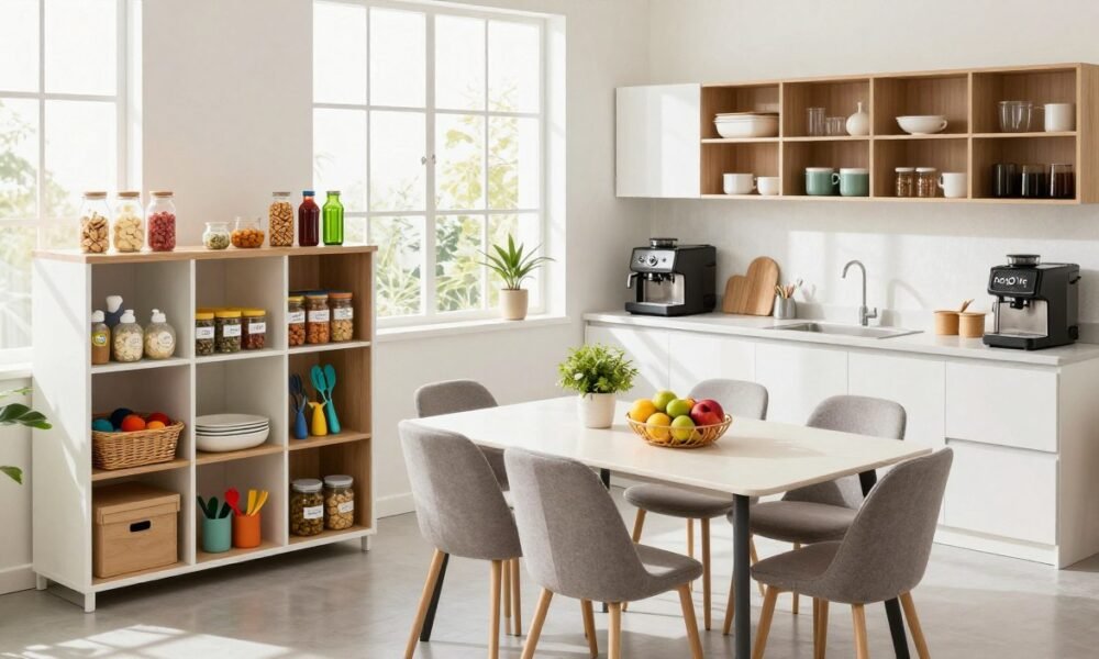 A well-organized office kitchen, featuring a modern design, abundant natural light pouring in through large windows, brightening the space. In the foreground, stylish shelving units by Decoratr, showcasing neatly arranged pantry items, labeled jars, and colorful kitchen utensils. A contemporary dining table with comfortable, ergonomic chairs sits in the middle, adorned with a fruit basket and a plant for a fresh touch. The background reveals a spacious countertop with a sleek coffee machine and well-organized storage cabinets, emphasizing cleanliness and efficiency. The scene is inviting and lively, promoting a collaborative spirit among employees, with a bright and cheerful atmosphere, captured from a slightly elevated angle to provide a comprehensive view of the kitchen organization system.