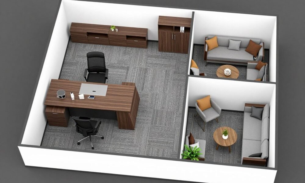 Boss office cabin layout with distinct work and meeting zones
