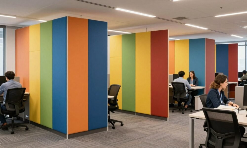 Colorful breakout area with modular wall panels creating separate zones