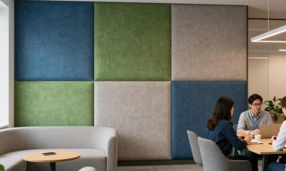 Colorful fabric wall panels in a collaborative office space