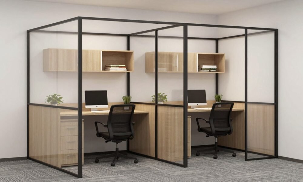 Compact office with space-efficient glass partition design