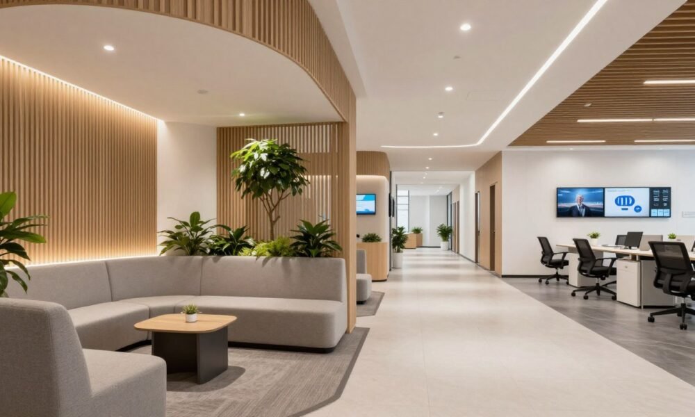 Complete modern office waiting area design with all elements harmoniously integrated Complete modern office waiting area design with all elements harmoniously integrated