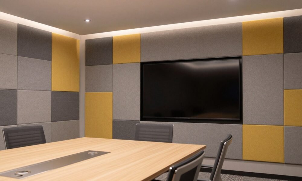 Conference room with acoustic wall panels and integrated technology