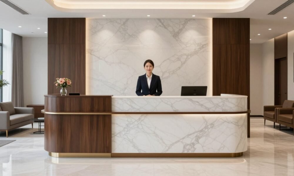 Corporate professional reception design with elegant and sophisticated elements Corporate professional reception design with elegant and sophisticated elements