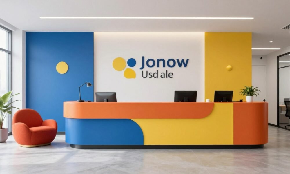 Creative office reception with bold colors and unique design elements Creative office reception with bold colors and unique design elements