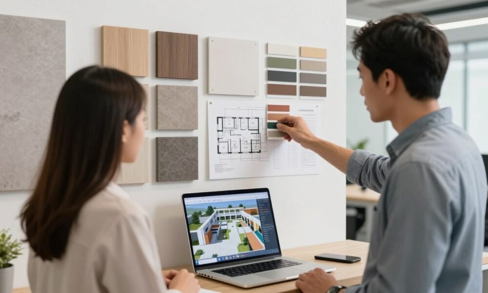 Design consultation for office wall panel selection with samples and plans