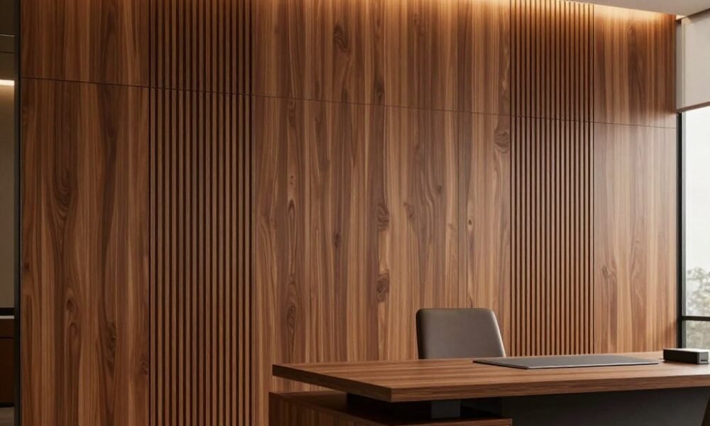 Elegant wooden wall panels in an executive office area