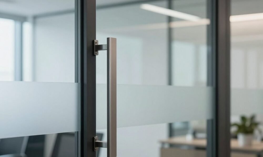Frameless glass door design in a modern office setting
