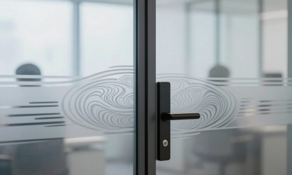 Frosted glass door providing privacy while maintaining light flow