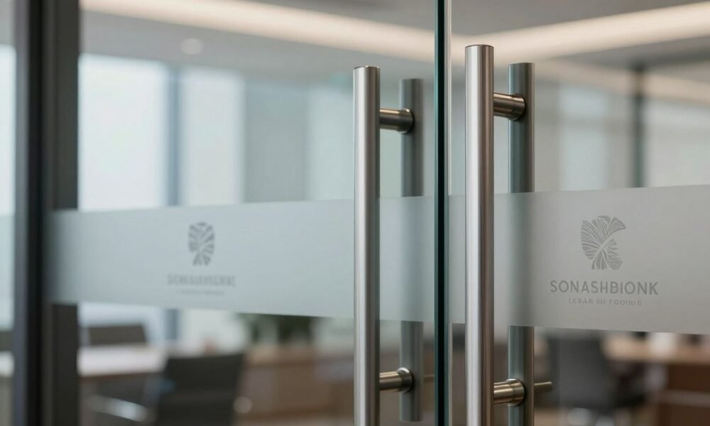 Glass door with subtle company branding etched into the surface