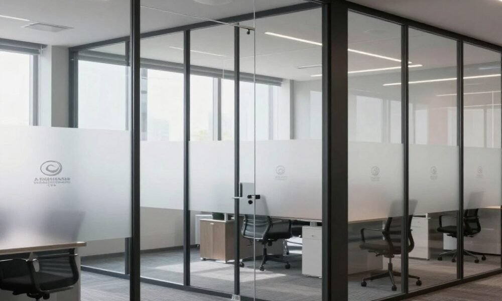 Glass wall panels dividing office spaces while maintaining openness